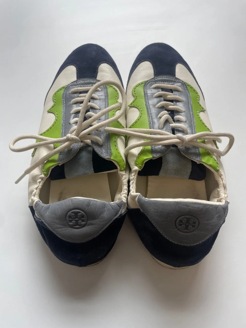 Gorgeous Tory Burch Navy, Cream & Green Leather Suede Sneakers - Picture 2 of 6